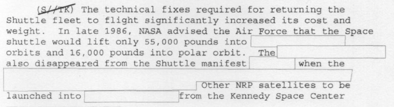 Excerpt from a newly declassified document titled Declassifying the ‘Fact of’ the NRO’s Use of the Space Shuttle as a Launch Vehicle (National Reconnaissance Office/FOIA)